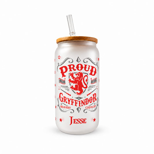 Gryffindor Frosted Glass Tumbler with Bamboo Lid & Straw – 500ml (16oz)