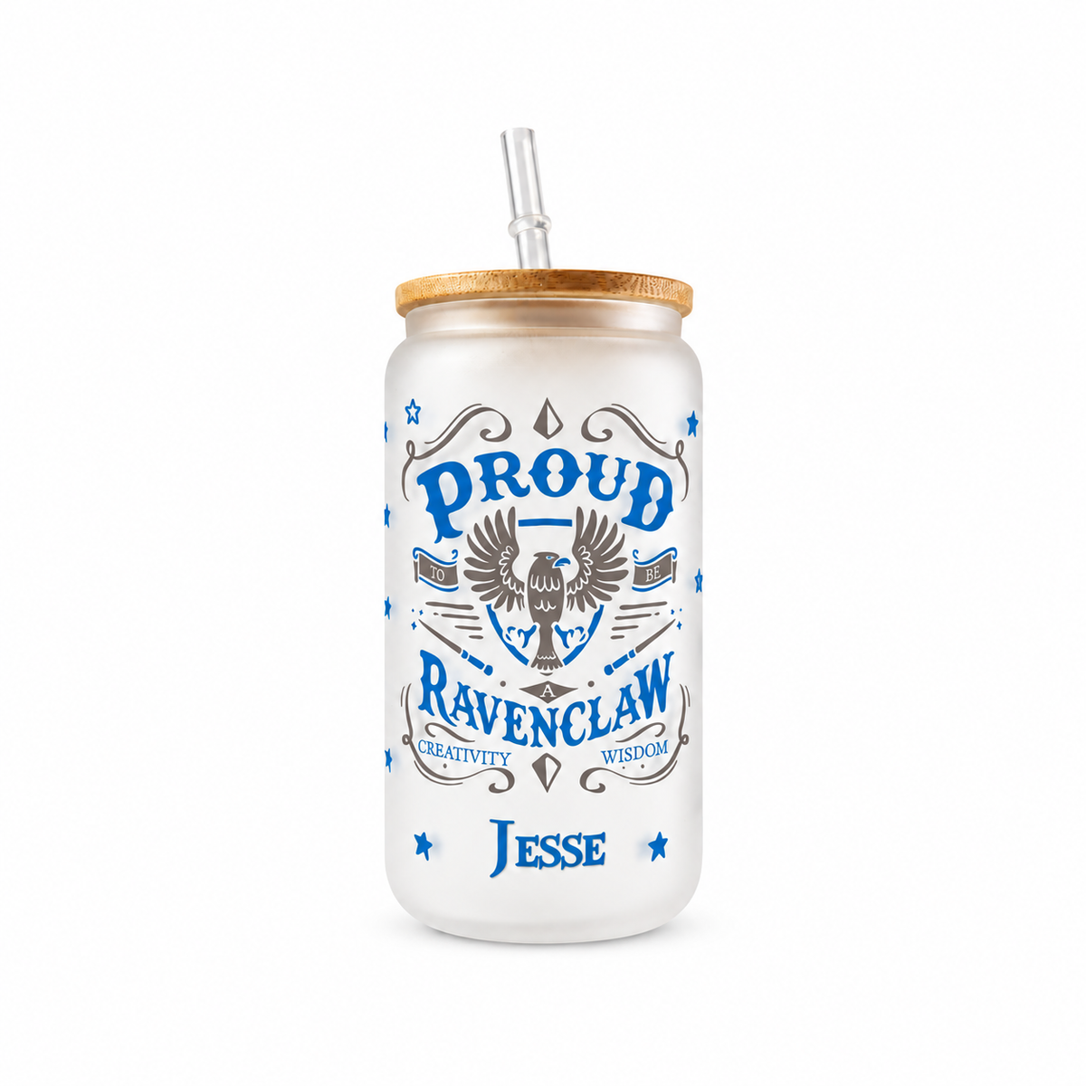 Ravenclaw Frosted Glass Tumbler with Bamboo Lid & Straw – 500ml (16oz)