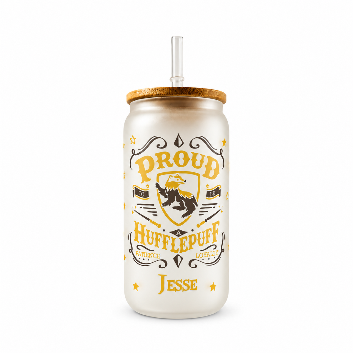Hufflepuff Frosted Glass Tumbler with Bamboo Lid & Straw – 500ml (16oz)