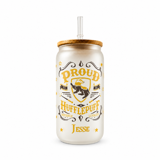 Hufflepuff Frosted Glass Tumbler with Bamboo Lid & Straw – 500ml (16oz)
