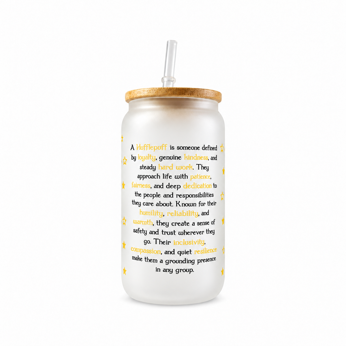 Hufflepuff Frosted Glass Tumbler with Bamboo Lid & Straw – 500ml (16oz)