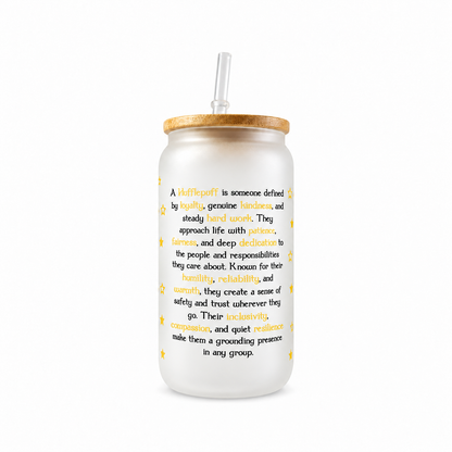 Hufflepuff Frosted Glass Tumbler with Bamboo Lid & Straw – 500ml (16oz)