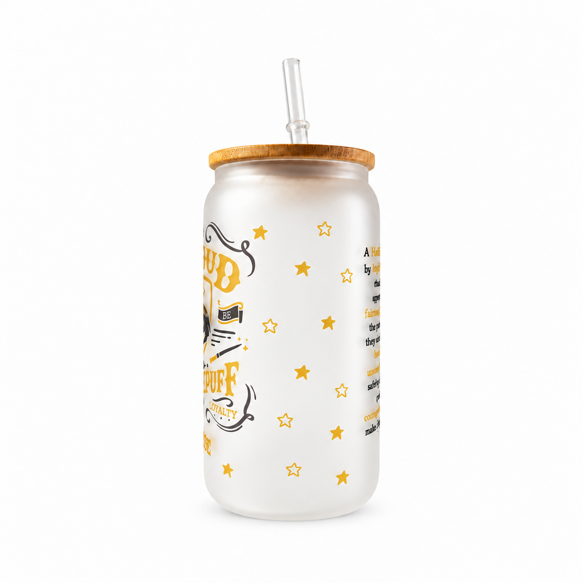 Hufflepuff Frosted Glass Tumbler with Bamboo Lid & Straw – 500ml (16oz)