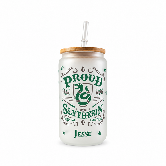 Slytherin Frosted Glass Tumbler with Bamboo Lid & Straw – 500ml (16oz)