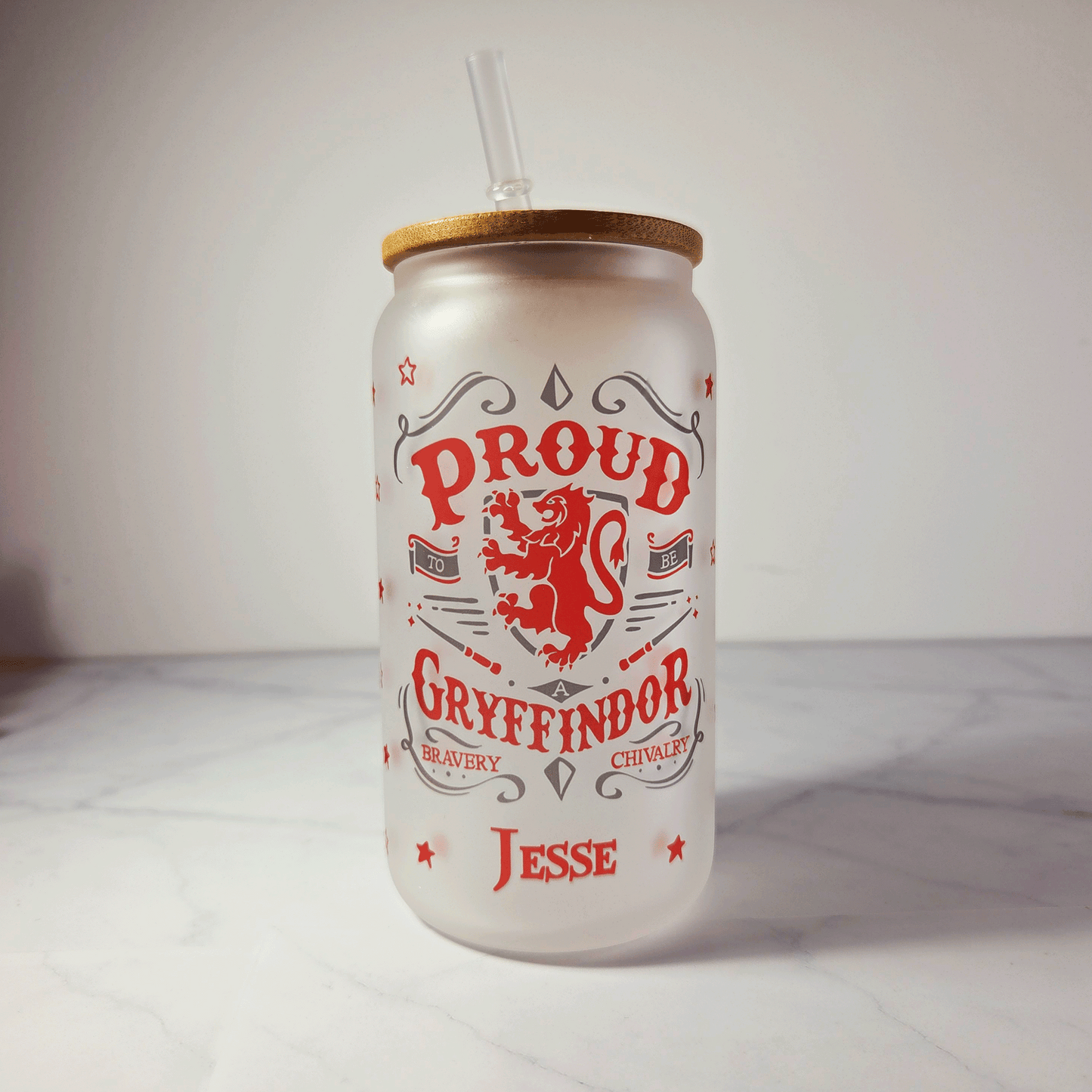 Gryffindor Frosted Glass Tumbler with Bamboo Lid & Straw – 500ml (16oz)