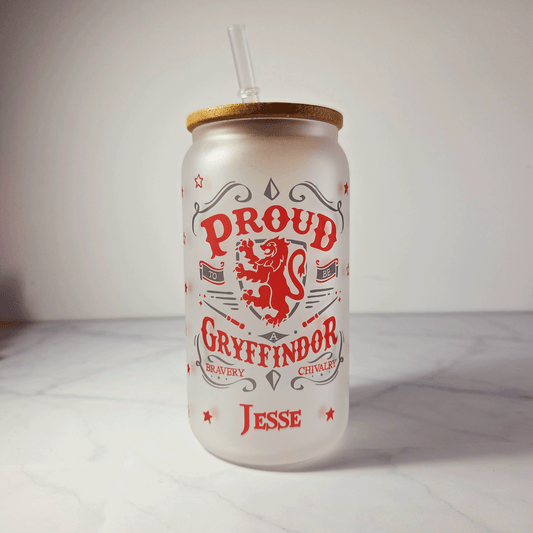 Gryffindor Frosted Glass Tumbler with Bamboo Lid & Straw – 500ml (16oz)