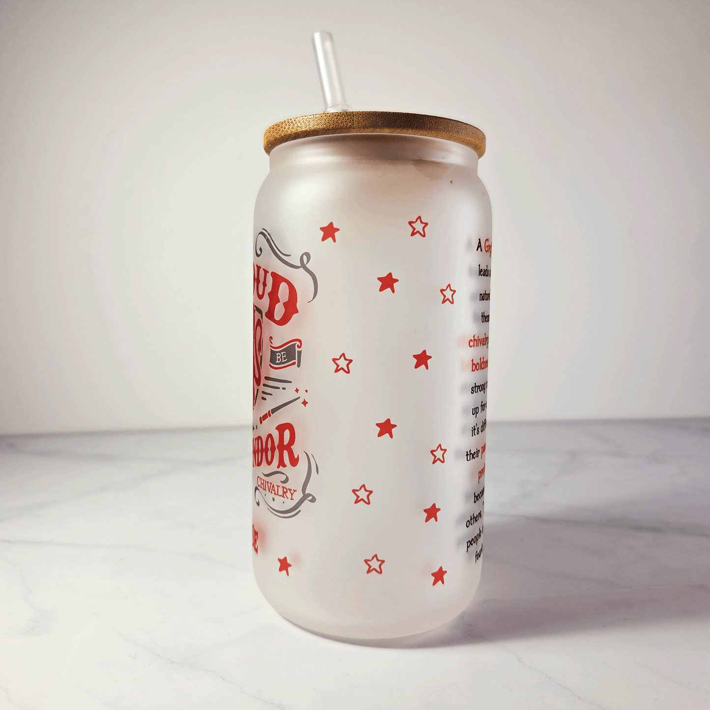 Gryffindor Frosted Glass Tumbler with Bamboo Lid & Straw – 500ml (16oz)