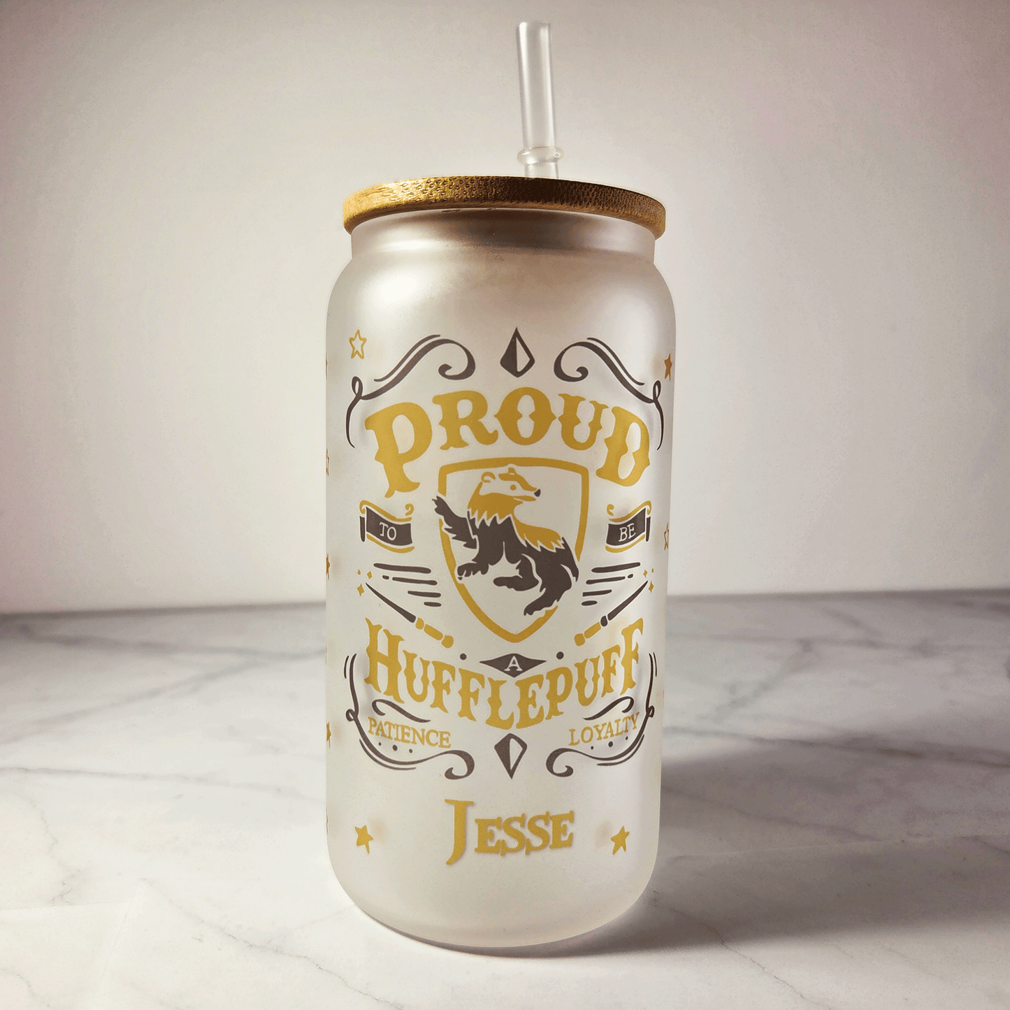 Hufflepuff Frosted Glass Tumbler with Bamboo Lid & Straw – 500ml (16oz)