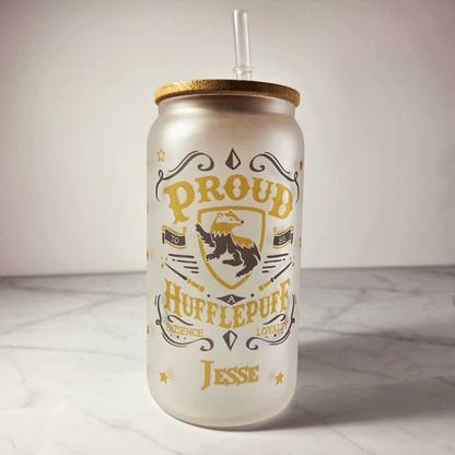 Hufflepuff Frosted Glass Tumbler with Bamboo Lid & Straw – 500ml (16oz)