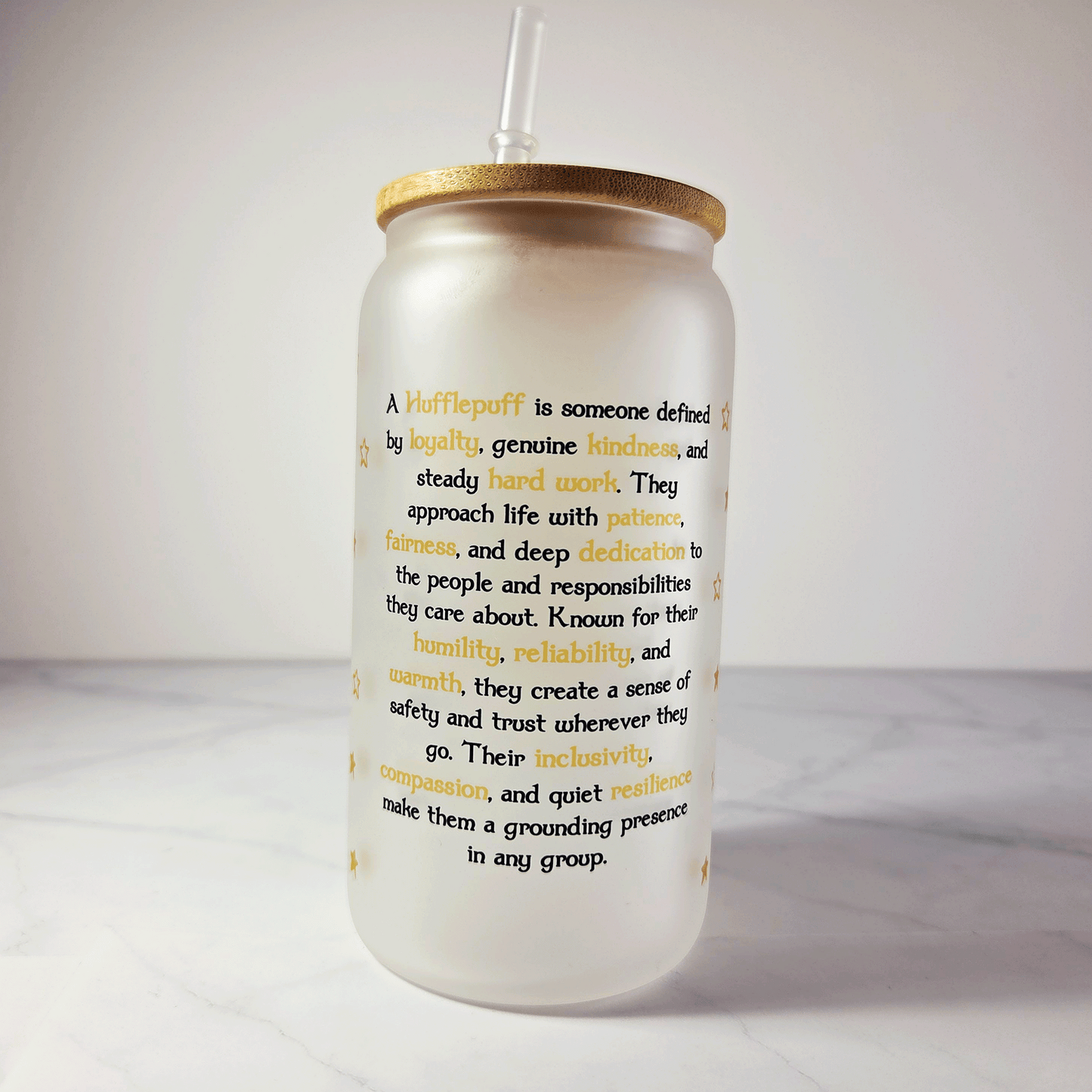 Hufflepuff Frosted Glass Tumbler with Bamboo Lid & Straw – 500ml (16oz)