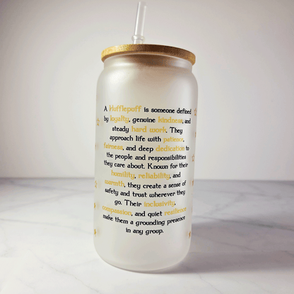 Hufflepuff Frosted Glass Tumbler with Bamboo Lid & Straw – 500ml (16oz)