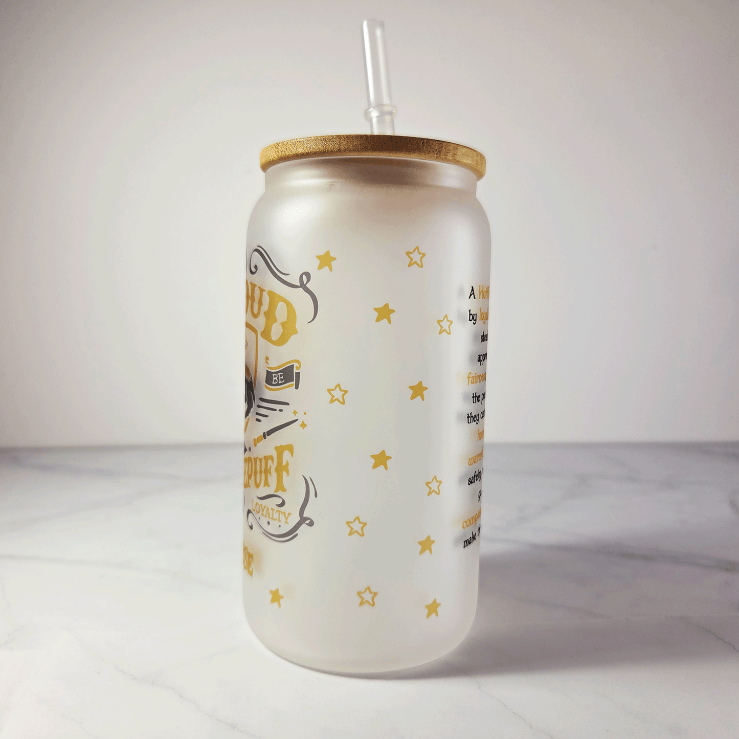 Hufflepuff Frosted Glass Tumbler with Bamboo Lid & Straw – 500ml (16oz)