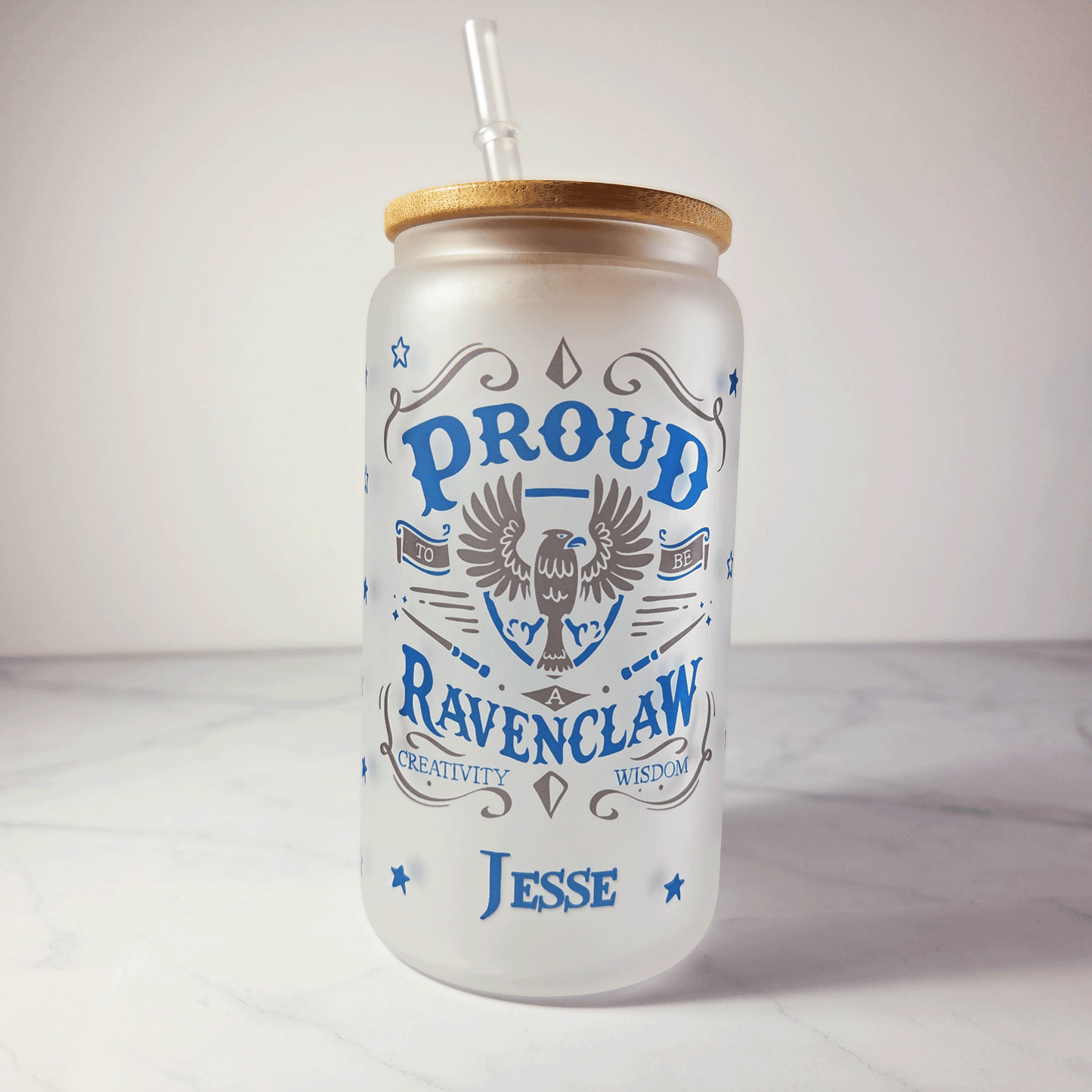 Ravenclaw Frosted Glass Tumbler with Bamboo Lid & Straw – 500ml (16oz)