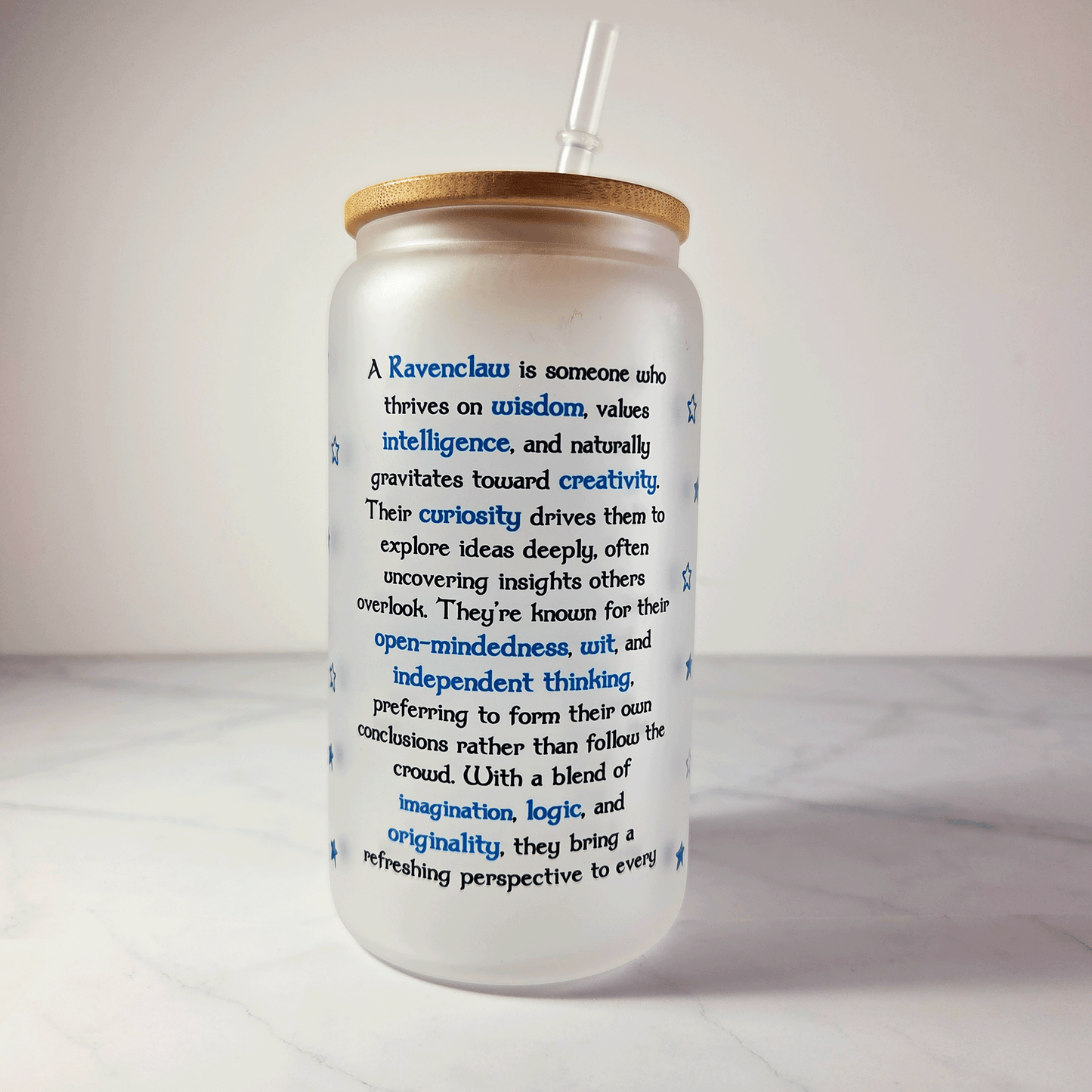Ravenclaw Frosted Glass Tumbler with Bamboo Lid & Straw – 500ml (16oz)