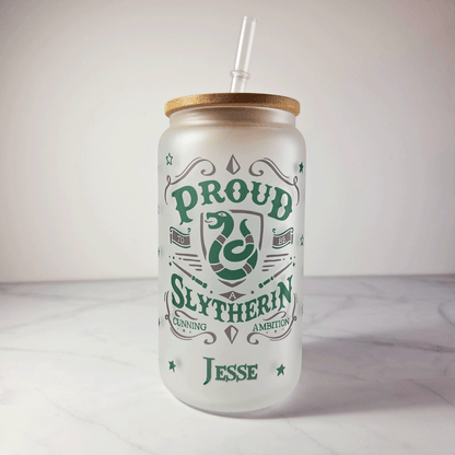 Slytherin Frosted Glass Tumbler with Bamboo Lid & Straw – 500ml (16oz)