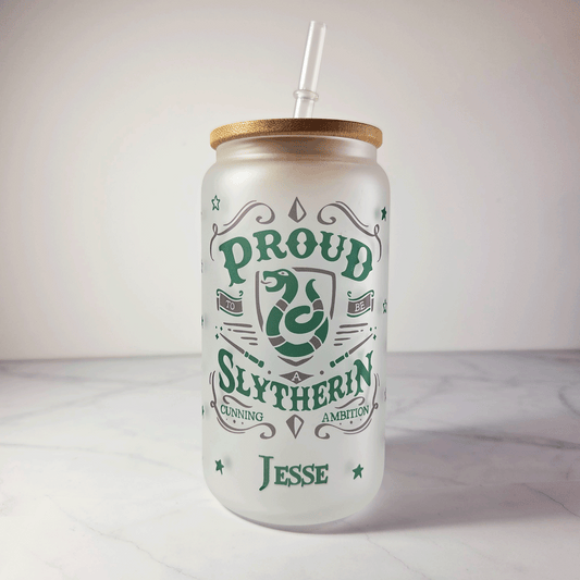 Slytherin Frosted Glass Tumbler with Bamboo Lid & Straw – 500ml (16oz)