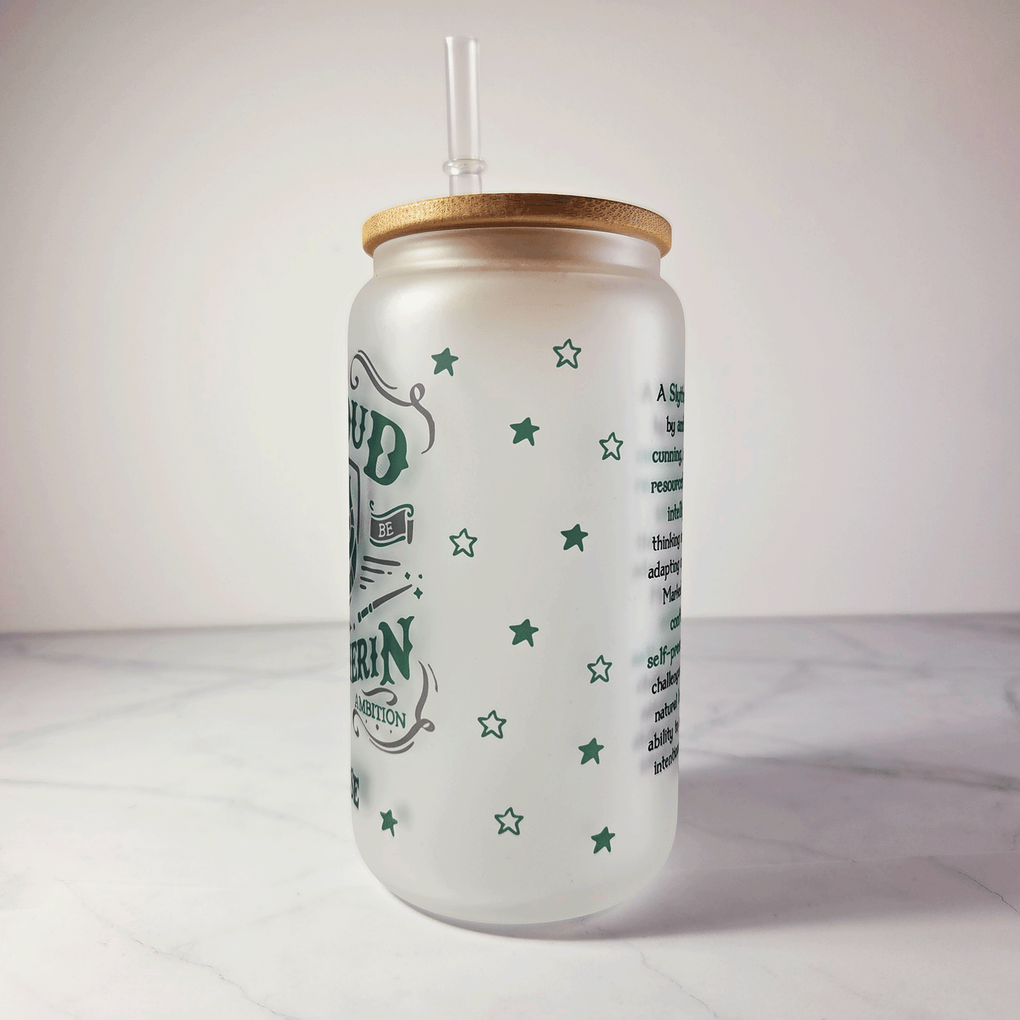 Slytherin Frosted Glass Tumbler with Bamboo Lid & Straw – 500ml (16oz)