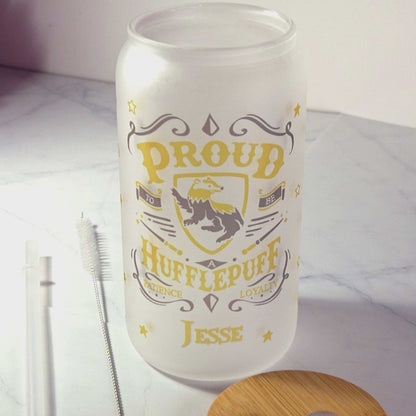 Hufflepuff Frosted Glass Tumbler with Bamboo Lid & Straw – 500ml (16oz)