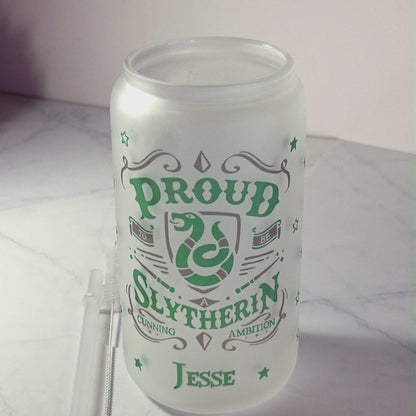 Slytherin Frosted Glass Tumbler with Bamboo Lid & Straw – 500ml (16oz)